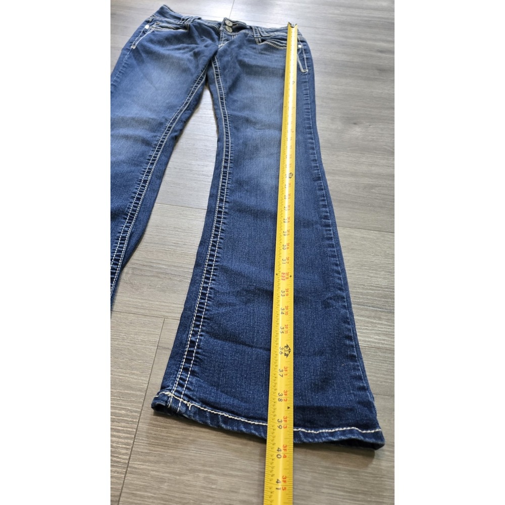 WallFlower Luscious Curvy Fit Bootcut Jeans Dark Wash Blue Thick Stitch Size 5 - Picture 13 of 14